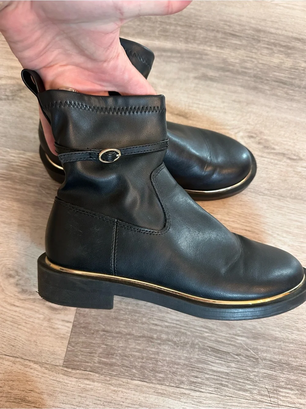 Zara Black Ankle Boots Size 35 Buckle Strap Gold Trim Moto Booties - Picture 10 of 12